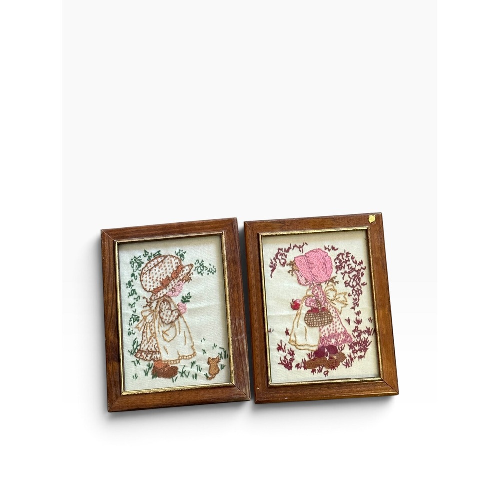 Vintage Holly Hobbie Style Needlepoint Framed Wall Art Set of 2 Kay Valentina